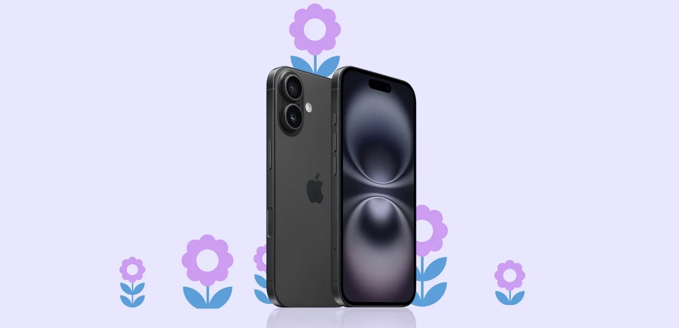 Black iPhone 16 angled front screen & back on a lavender background surrounded by purple flowers.